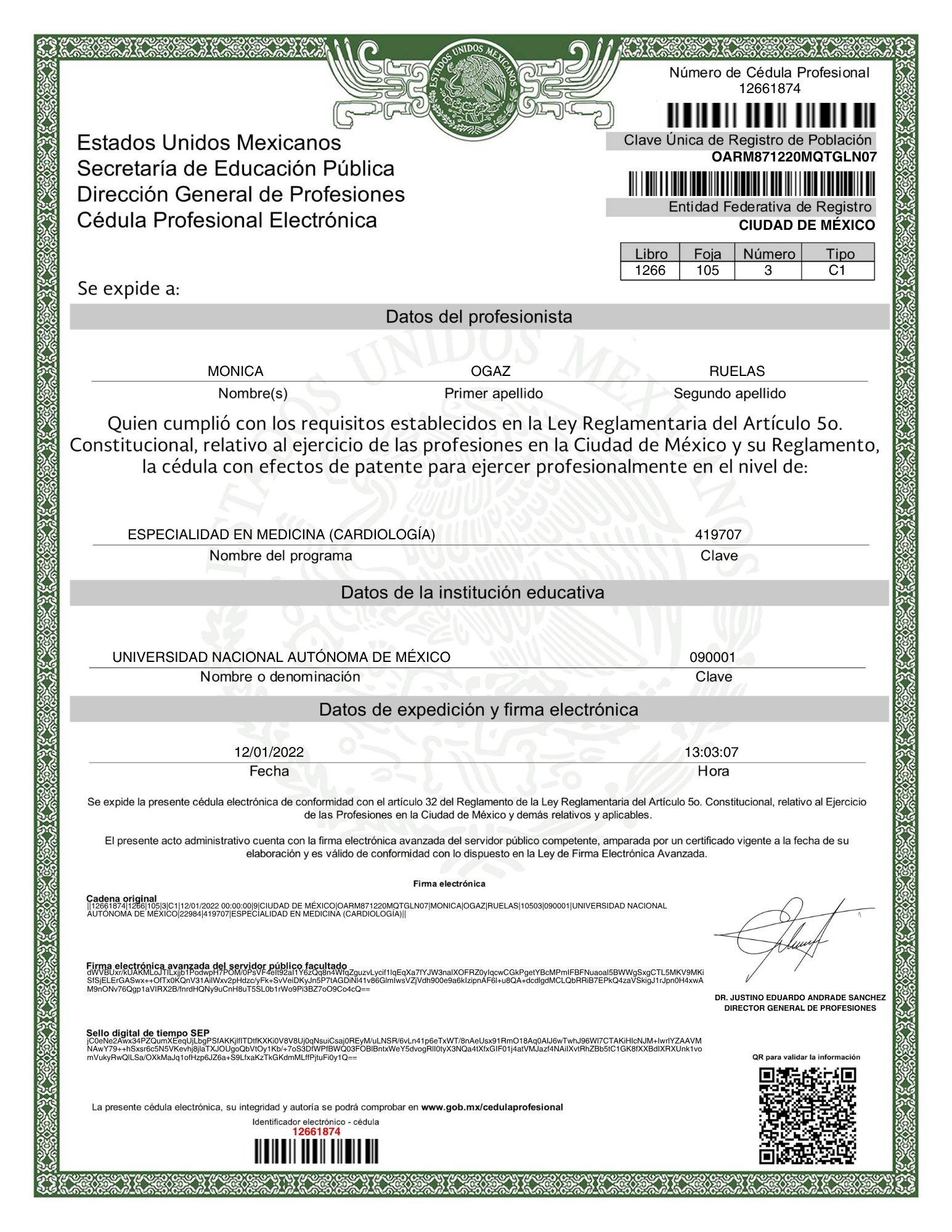 CÉDULA PROFESIONAL CARDIOLOGÍA: 12661874