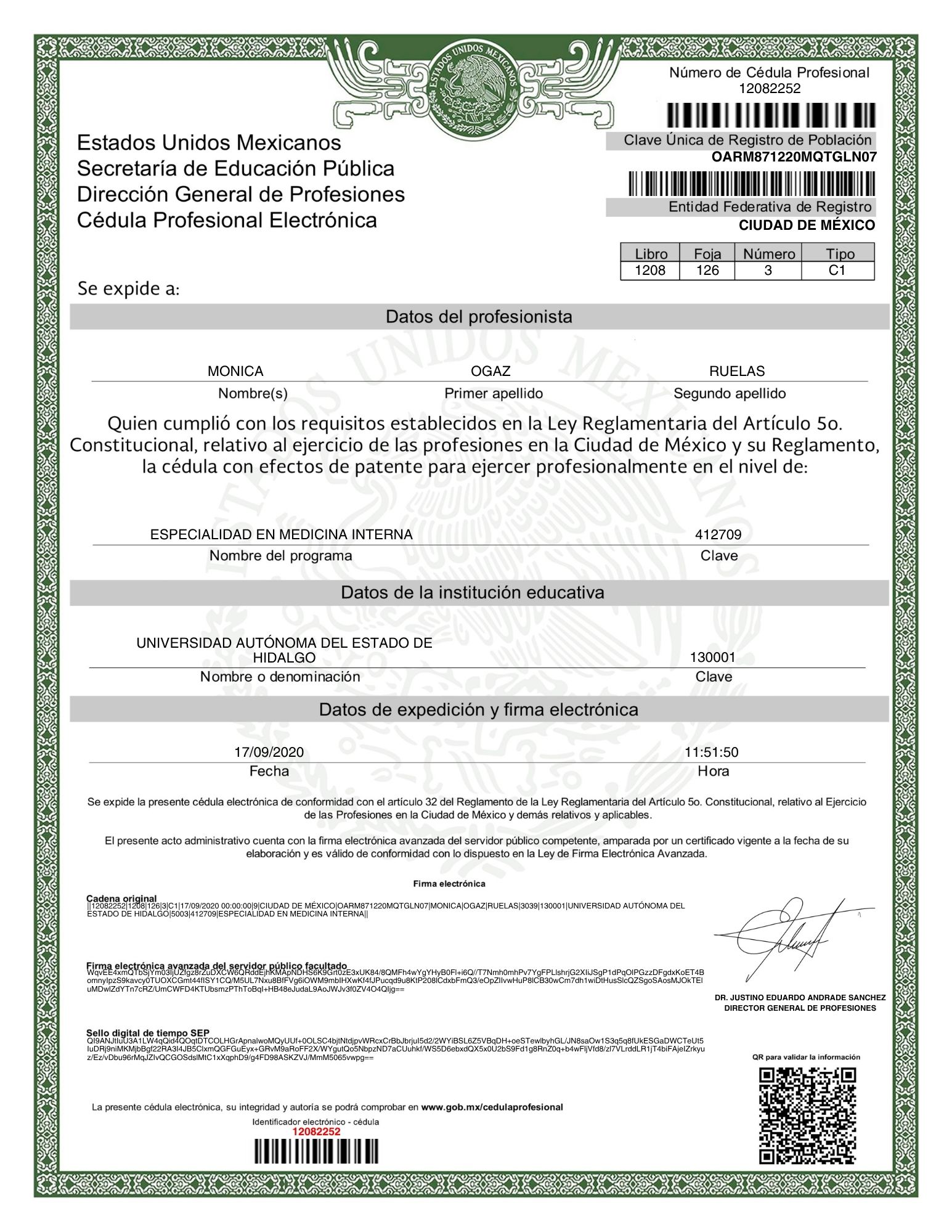 CÉDULA PROFESINAL MEDICINA INTERNA: 12082252